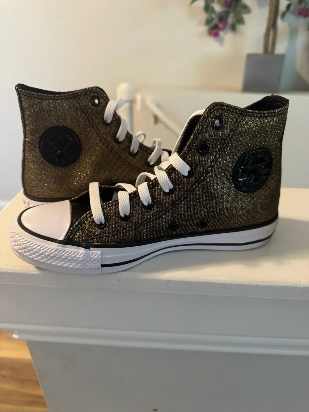 Converse Kids High Top Sneakers in Metallic Gold and White